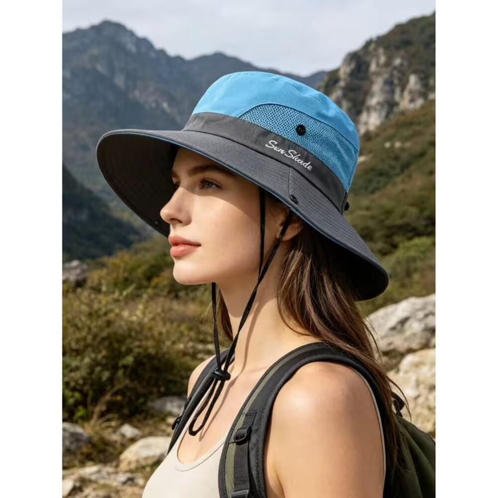 Womens Retro Hiking Hat Blue Wide Brim Fishing Outdoor Breathable Packable New